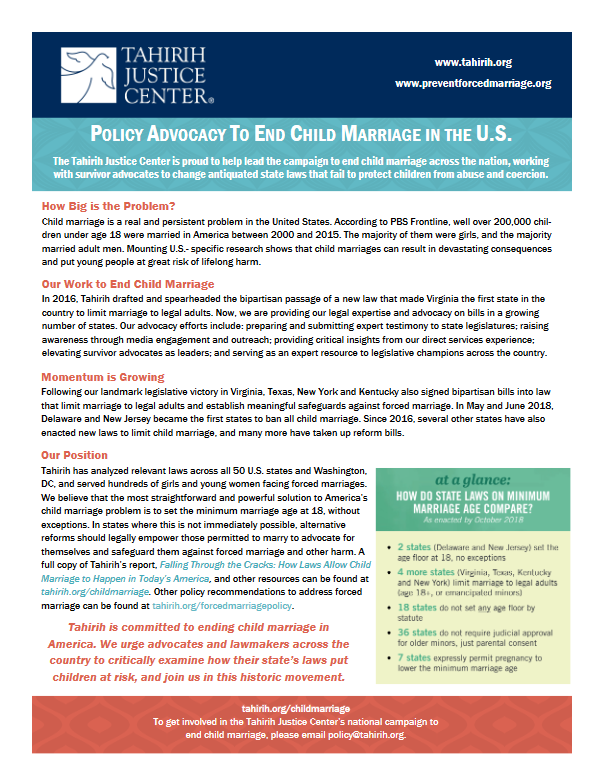 Policy Advocacy to End Child Marriage in the U.S. - Tahirih 