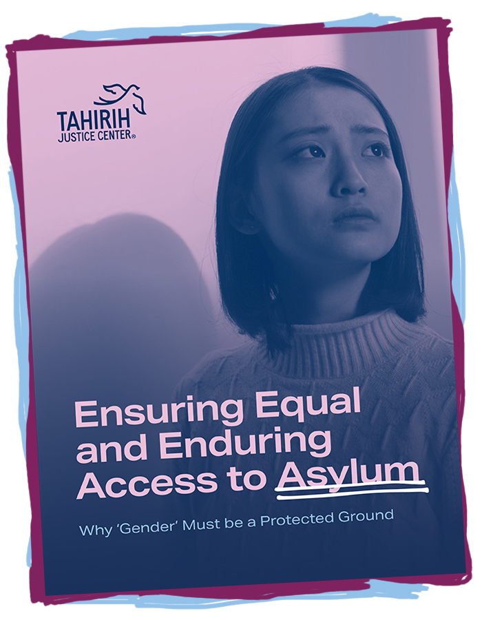 Report cover: photo of young Asian woman looking concerned, with title "Ensuring Equal and Enduring Access to Aslyum"