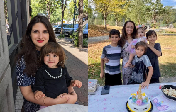 Roxana Daneshjou with her child on the left and Sayona Freeman with her children on the right.